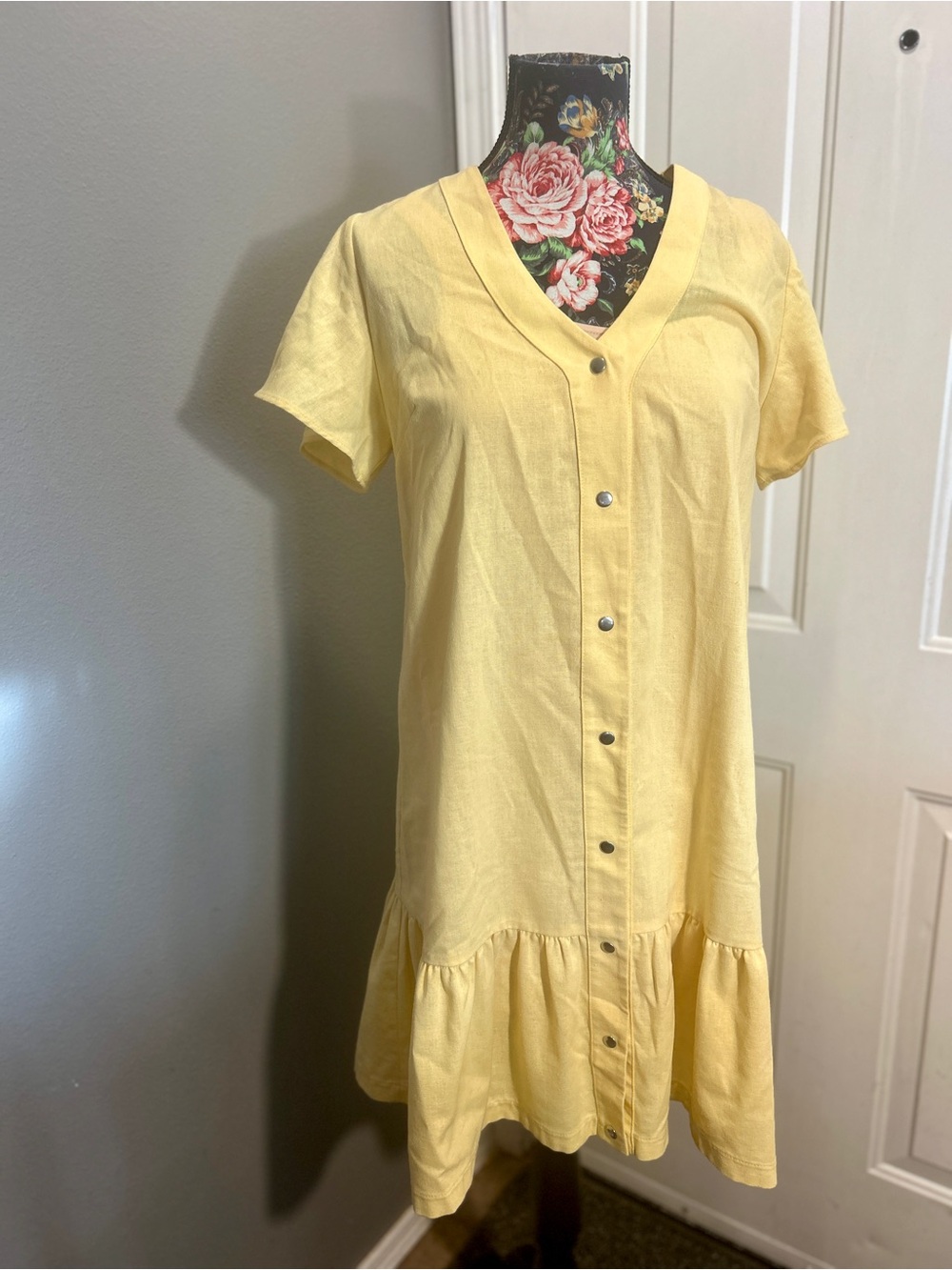 Tanali Yellow Snap Front Ruffle Hem Mini Dress XL Linen Blend Tunic